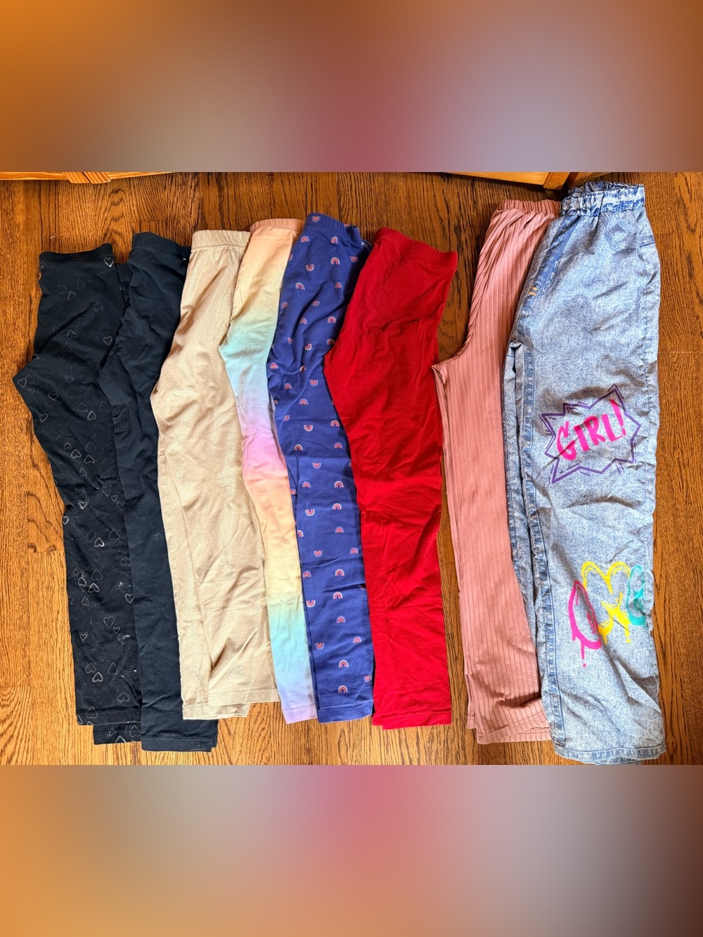 Girl Lot of 8- size 10/12 Leggings - Red, Blue Rainbow, Pink & Neutral Mix